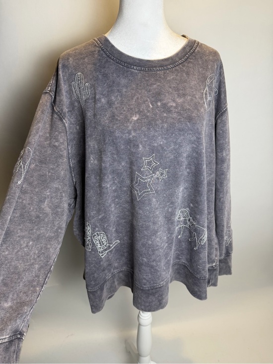 Jane and Delancey Tops - Jane & Delancey Gray Mineral Wash Sweatshirt with Embroidered Western Motifs